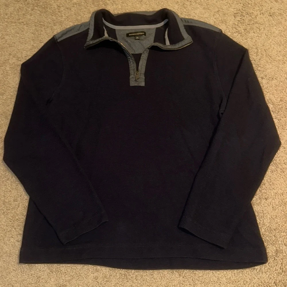 Banana Republic Navy Blue Waffle Knit Grey Patchwork Collared Quarterzip Sweater